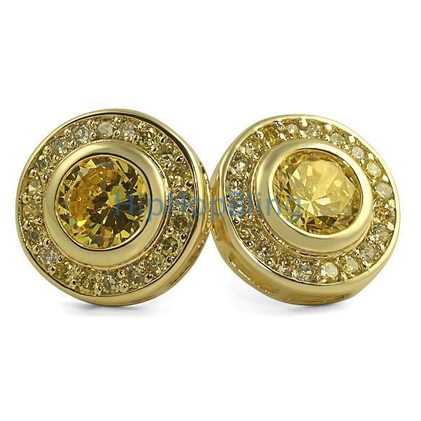 CZ Solitaire Circle Bling Earrings Canary Gold HipHopBling