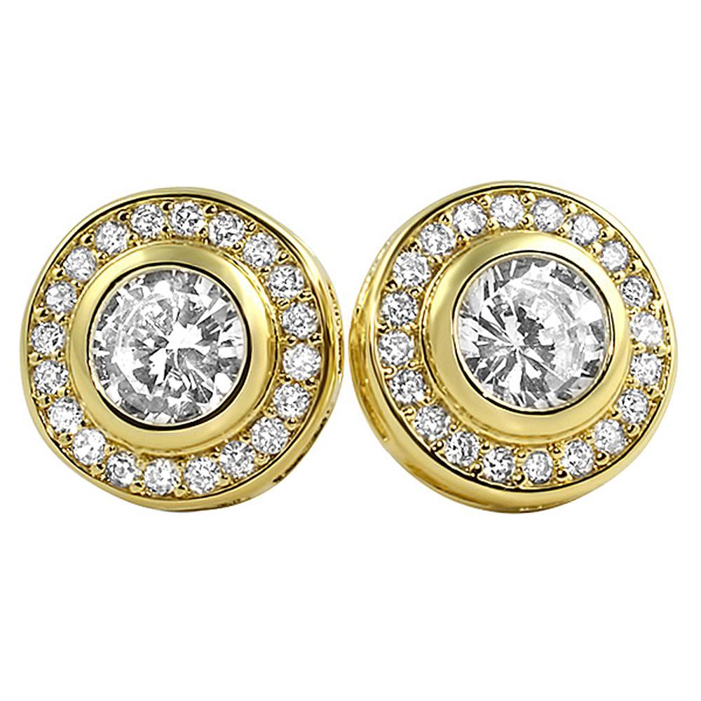 CZ Solitaire Circle Bling Earrings Yellow Gold HipHopBling