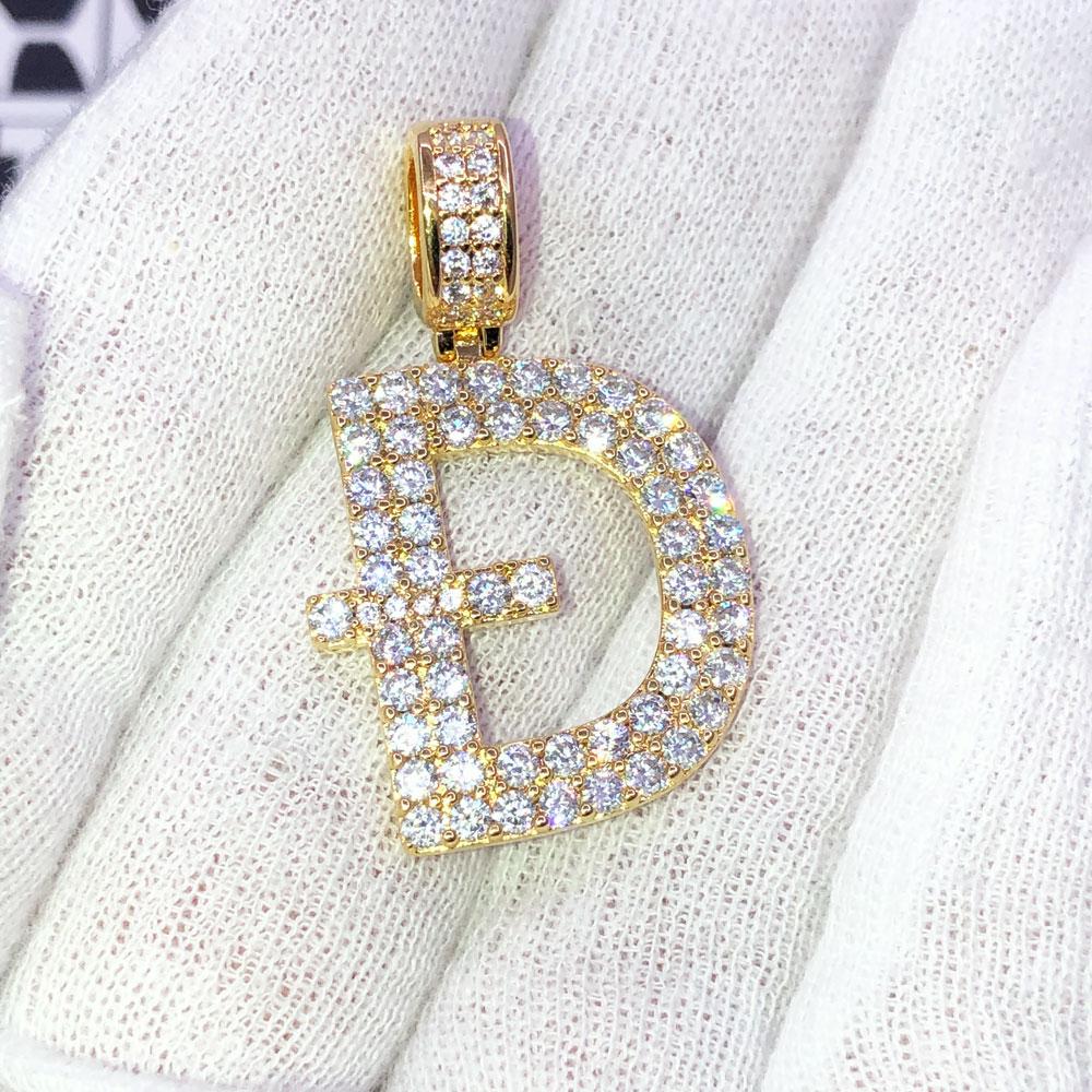D Dogecoin Inspired Iced Out Pendant .925 Sterling Silver White Gold HipHopBling