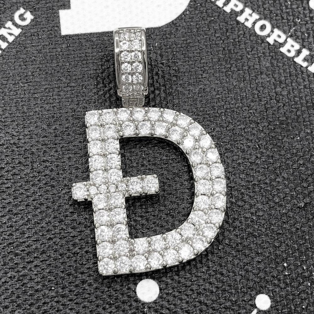 D Dogecoin Inspired Iced Out Pendant .925 Sterling Silver White Gold HipHopBling