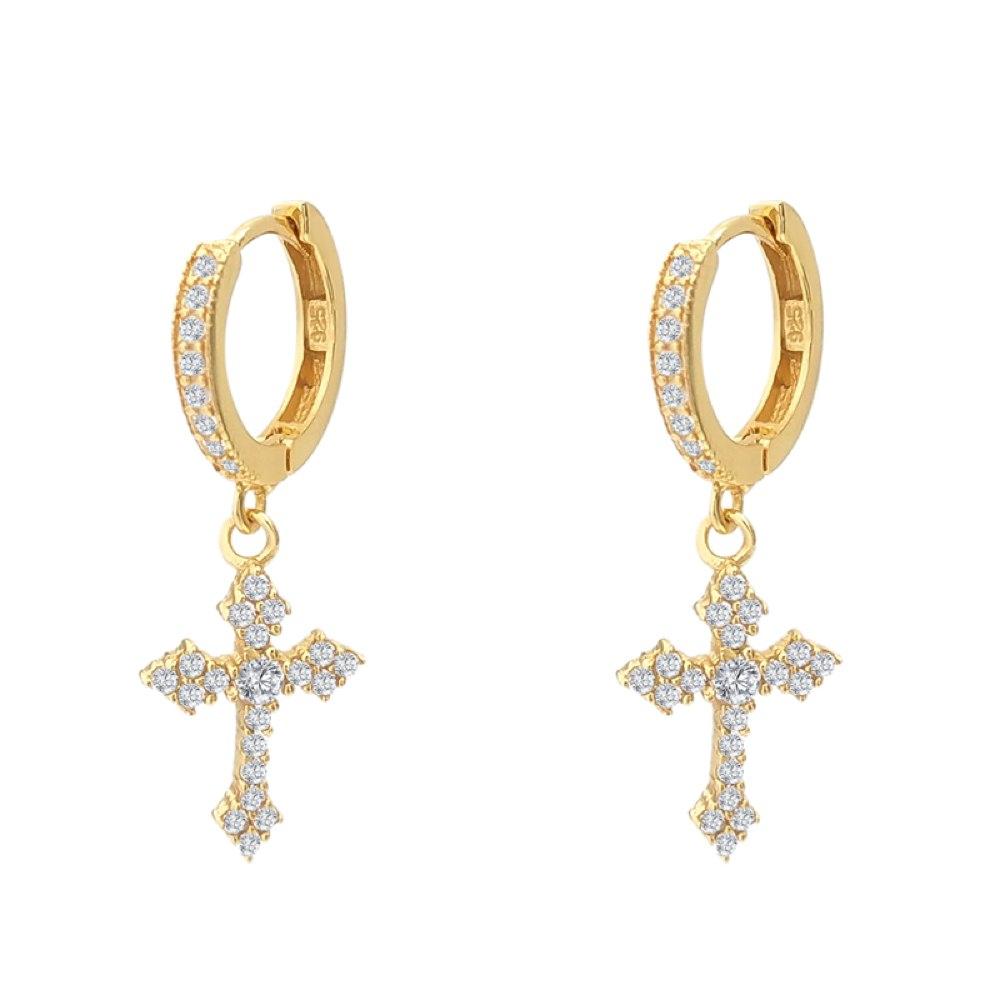 Dangling Antique Cross Hoop VVS Moissanite Earrings .925 Sterling Silver Yellow Gold HipHopBling