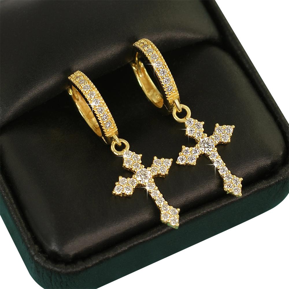 Dangling Antique Cross Hoop VVS Moissanite Earrings .925 Sterling Silver Yellow Gold HipHopBling