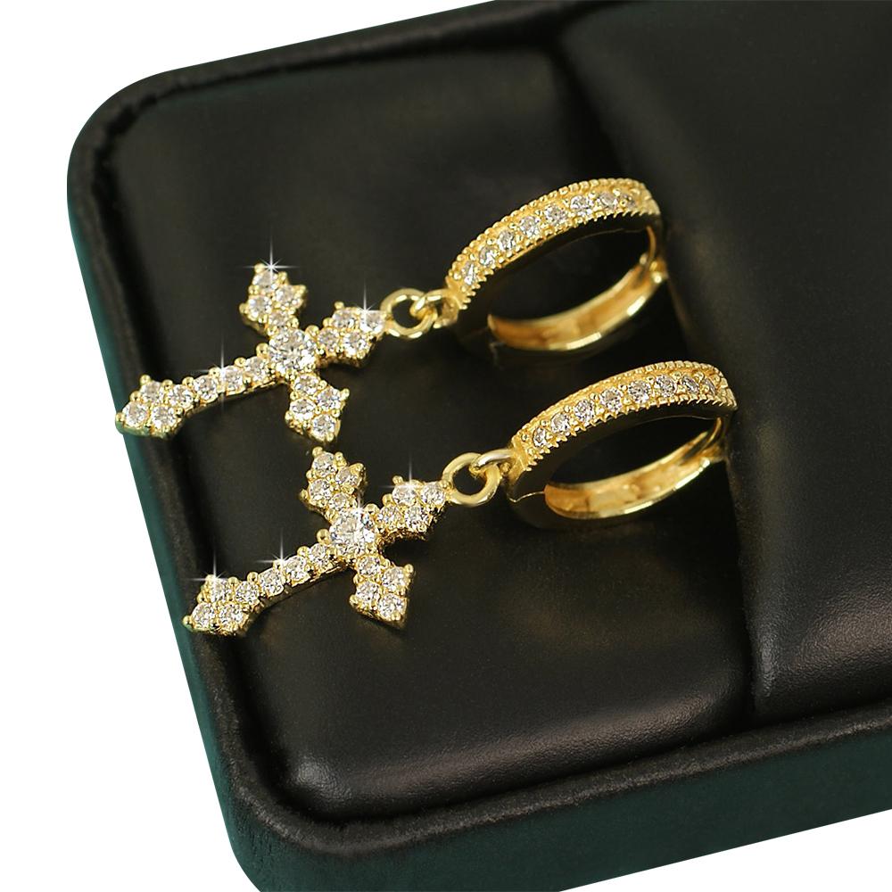 Dangling Antique Cross Hoop VVS Moissanite Earrings .925 Sterling Silver Yellow Gold HipHopBling