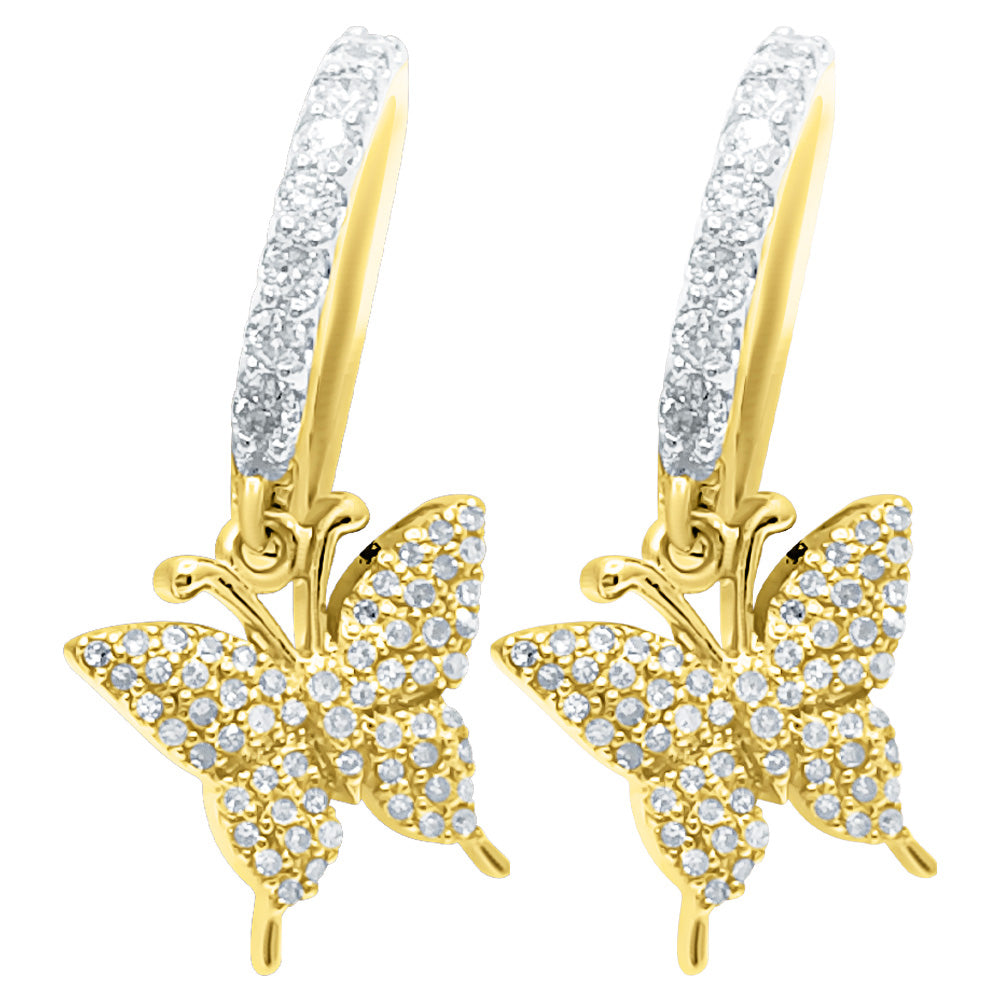 Dangling Butterfly Hoop Diamond Earrings .40cttw 10K Yellow Gold HipHopBling