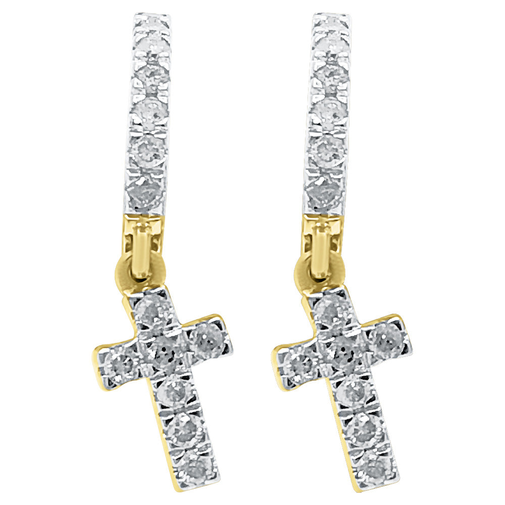 Dangling Cross Hoop Diamond Earrings .37cttw 10K Yellow Gold HipHopBling