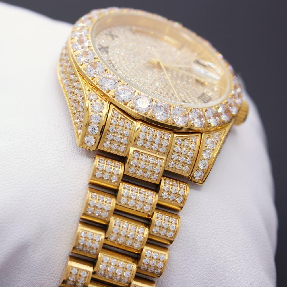 Date+Day Full CZ Big Bezel Bling Bling Dress Watch Yellow Gold HipHopBling
