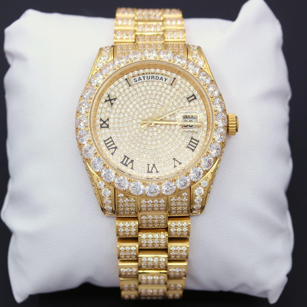 Date+Day Full CZ Big Bezel Bling Bling Dress Watch Yellow Gold HipHopBling