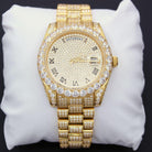 Date+Day Full CZ Big Bezel Bling Bling Dress Watch Yellow Gold HipHopBling