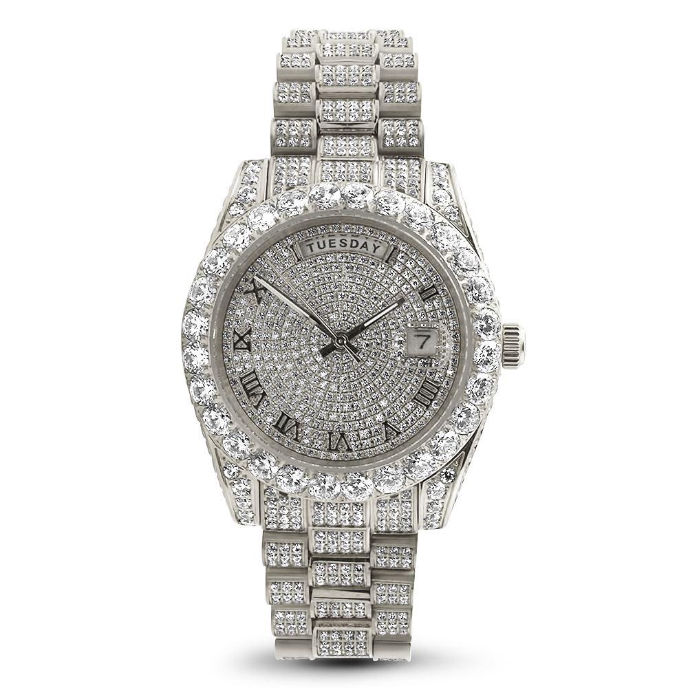 Date+Day Full CZ Big Bezel Bling Bling Dress Watch Yellow Gold HipHopBling