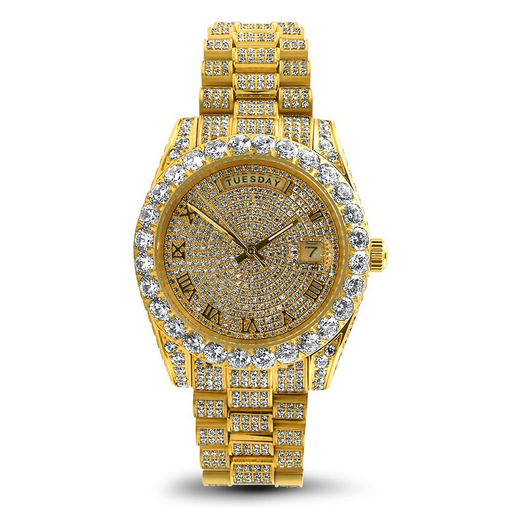 Date+Day Full CZ Big Bezel Bling Bling Dress Watch Yellow Gold HipHopBling