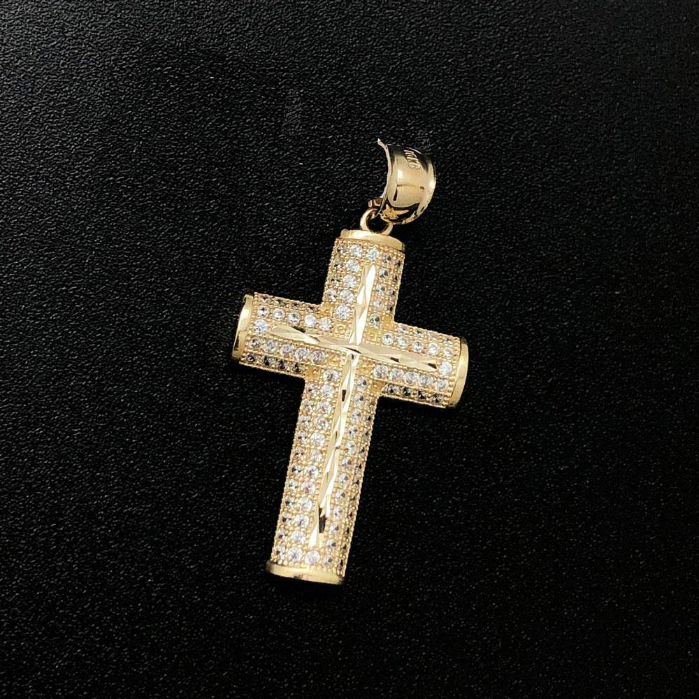 DC Log Cross CZ 10K Yellow Gold Pendant HipHopBling