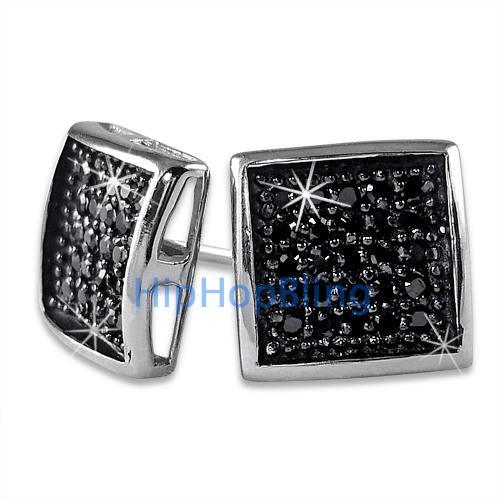 Deep Box Medium Black CZ Micropave Earrings .925 Silver HipHopBling