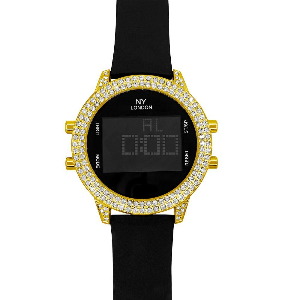 Digital Tech Iced Out Rubber Hip Hop Watch Gold/Black HipHopBling