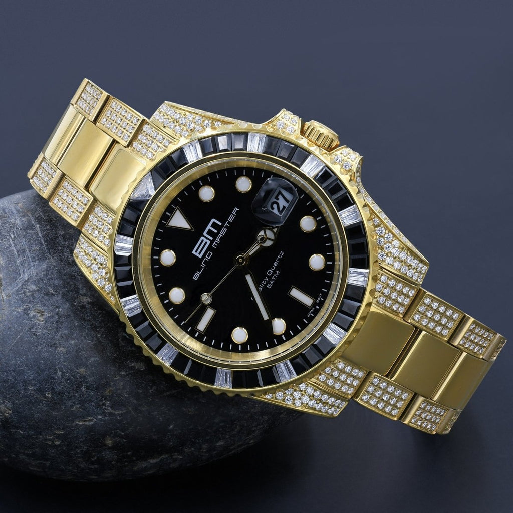 Divers CZ Black Dial Date Edge Link Iced Out Watch Yellow Gold HipHopBling