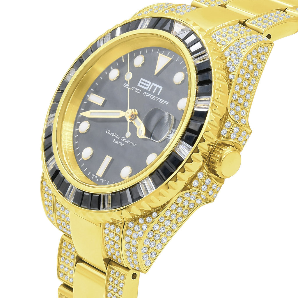 Divers CZ Black Dial Date Edge Link Iced Out Watch Yellow Gold HipHopBling