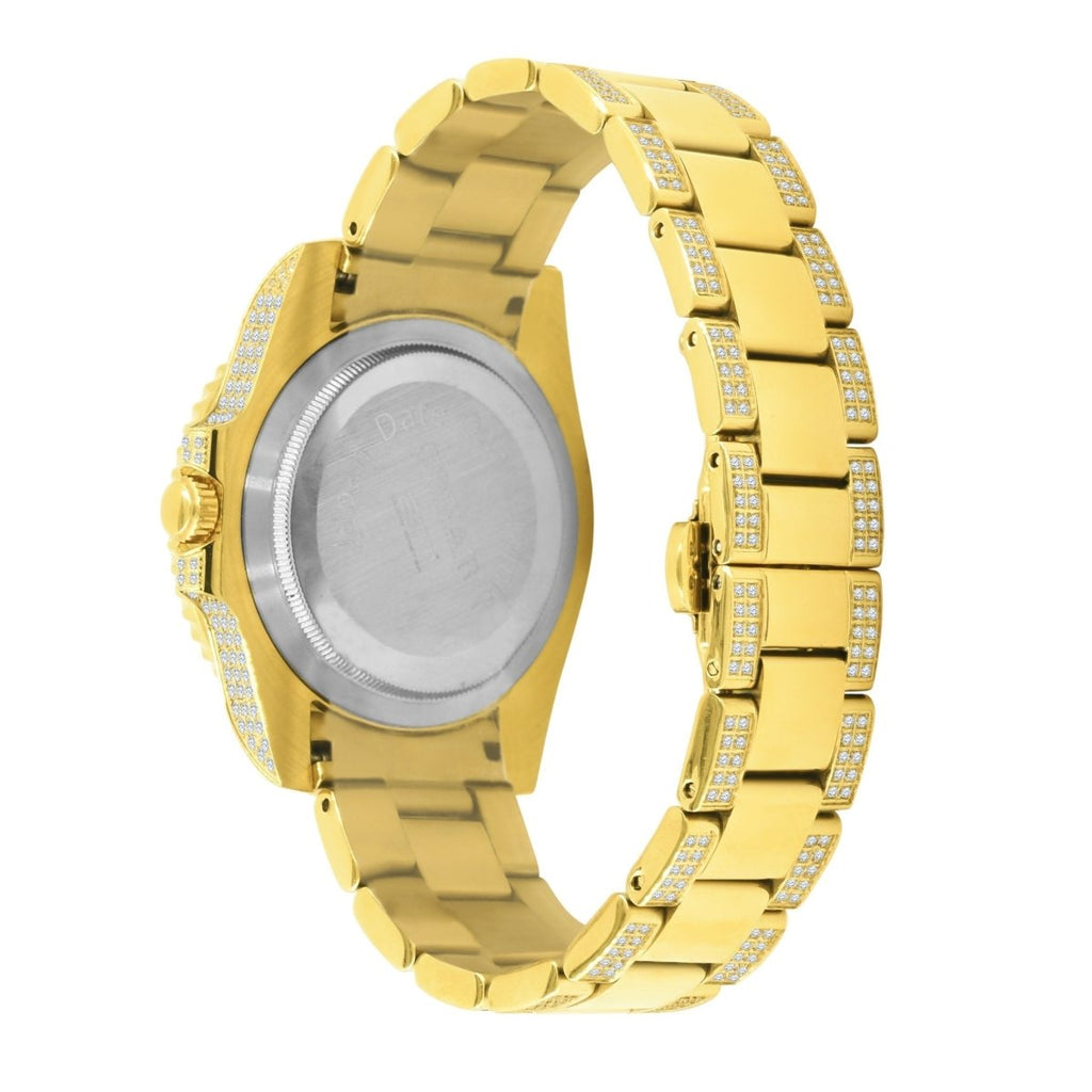 Divers CZ Black Dial Date Edge Link Iced Out Watch Yellow Gold HipHopBling