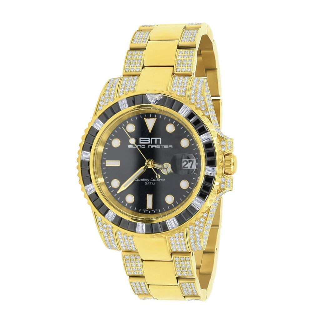 Divers CZ Black Dial Date Edge Link Iced Out Watch Yellow Gold HipHopBling