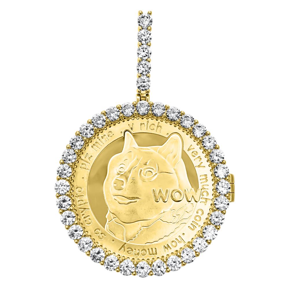 Dogecoin Coin Iced Out Frame Pendant V1 Yellow Gold Tennis CZ Frame HipHopBling