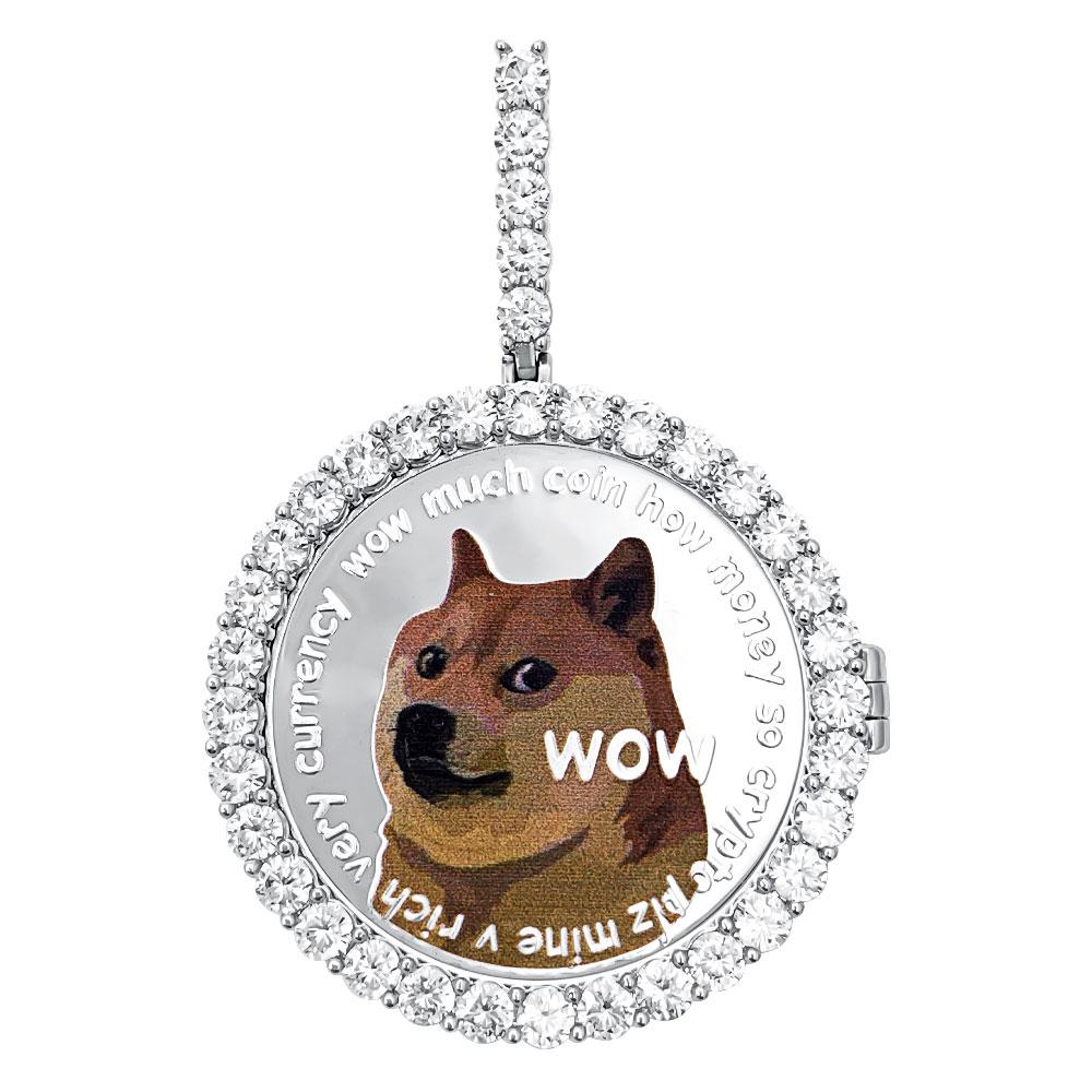 Dogecoin Coin Iced Out Frame Pendant V2 White Gold Tennis CZ Frame HipHopBling
