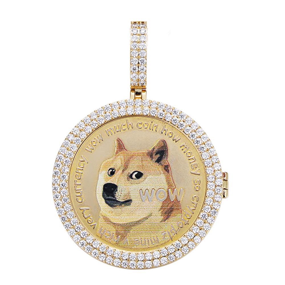 Dogecoin Coin Iced Out Frame Pendant V2 Yellow Gold Micro Pave CZ Frame HipHopBling