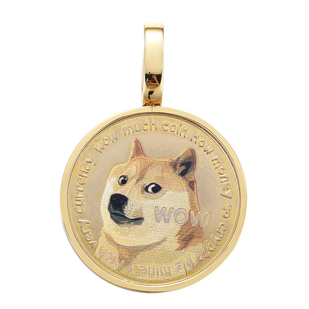 Dogecoin Coin Iced Out Frame Pendant V2 Yellow Gold Plain Frame HipHopBling