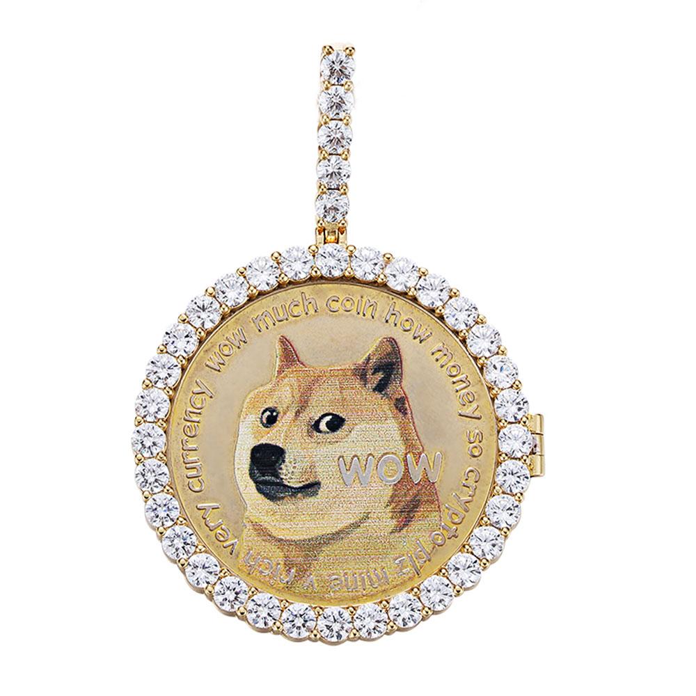 Dogecoin Coin Iced Out Frame Pendant V2 Yellow Gold Tennis CZ Frame HipHopBling