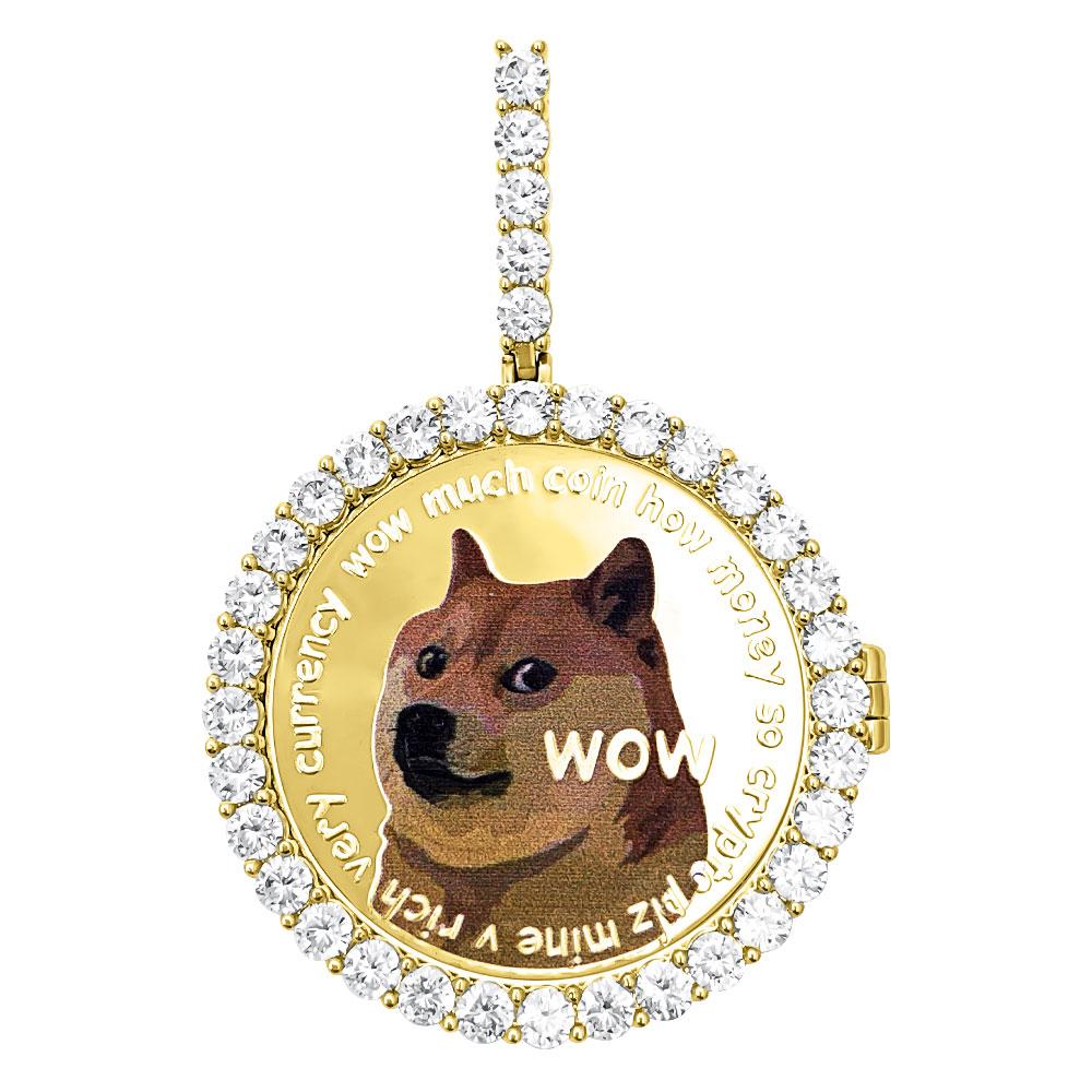 Dogecoin Coin Iced Out Frame Pendant V4 Yellow Gold Tennis CZ Frame HipHopBling