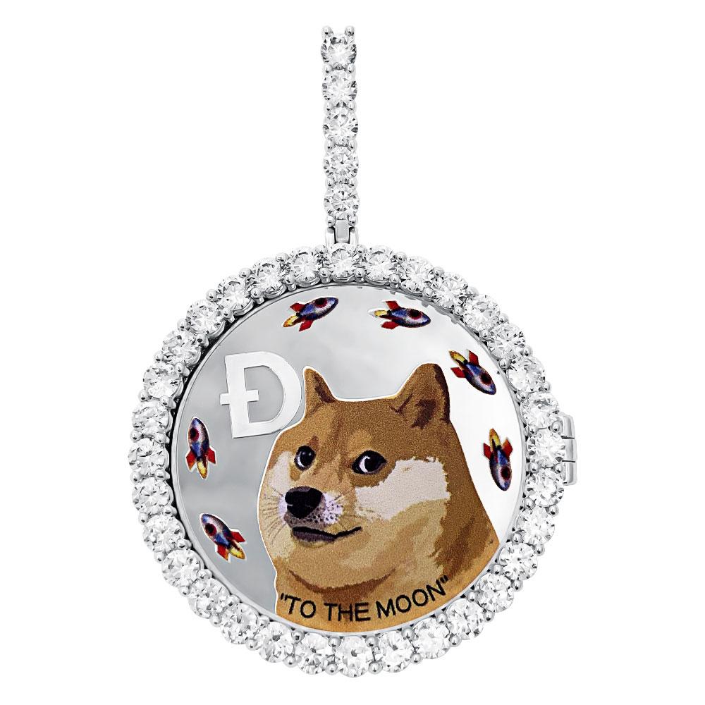 Dogecoin Coin Iced Out Frame Pendant V5 Yellow Gold Tennis CZ Frame HipHopBling