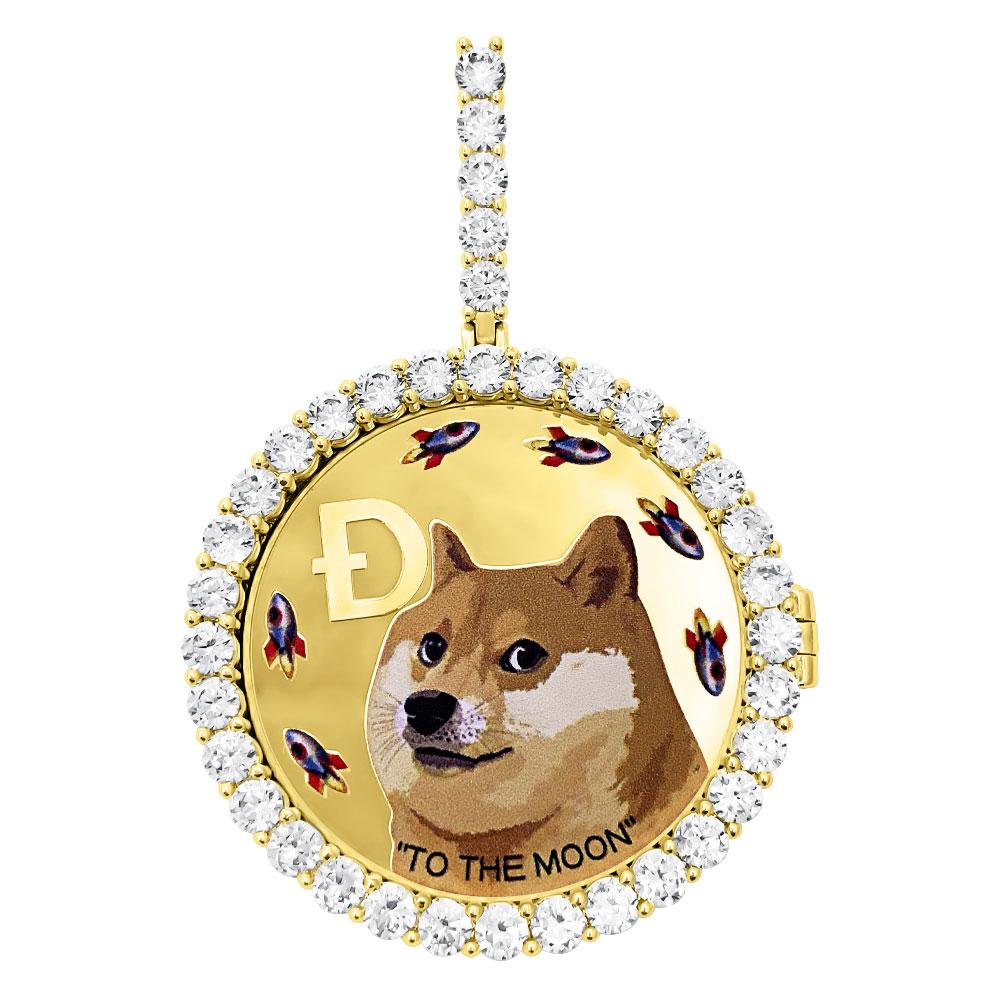 Dogecoin Coin Iced Out Frame Pendant V5 Yellow Gold Tennis CZ Frame HipHopBling