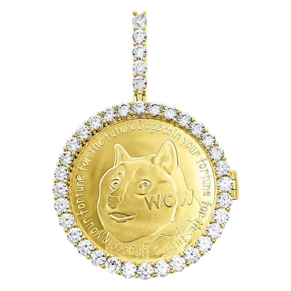 Dogecoin Coin Iced Out Frame Pendant V7 Yellow Gold Tennis CZ Frame HipHopBling