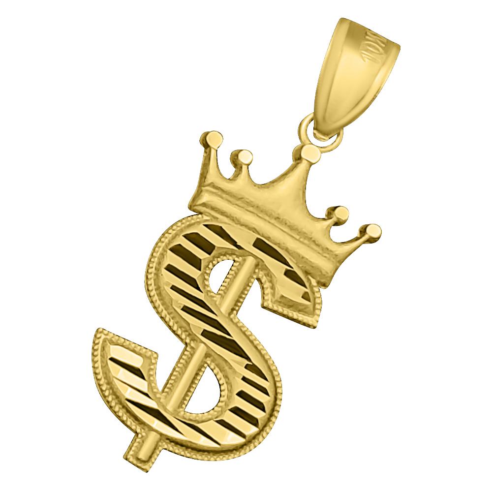 Dollar Sign Crown DC 10K Yellow Gold Pendant HipHopBling