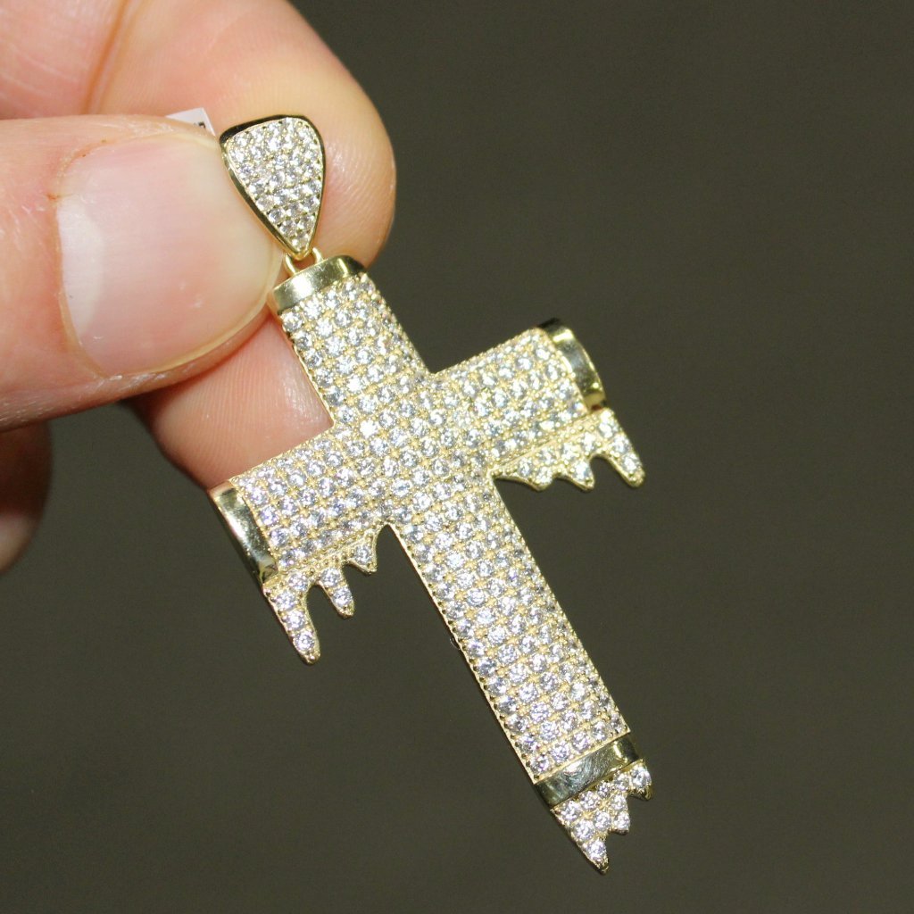 Domed Drip Cross Pendant VVS CZ 10K Yellow Gold HipHopBling