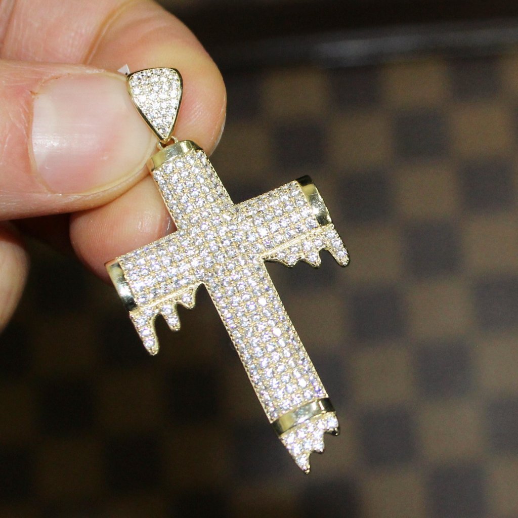 Domed Drip Cross Pendant VVS CZ 10K Yellow Gold HipHopBling