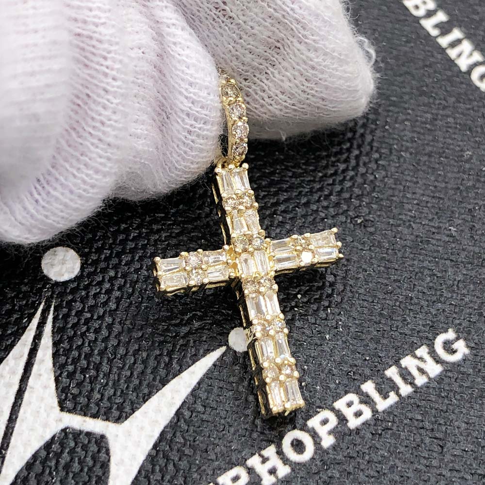 Double Baguette Cross Diamond Pendant .58cttw 10K Yellow Gold HipHopBling