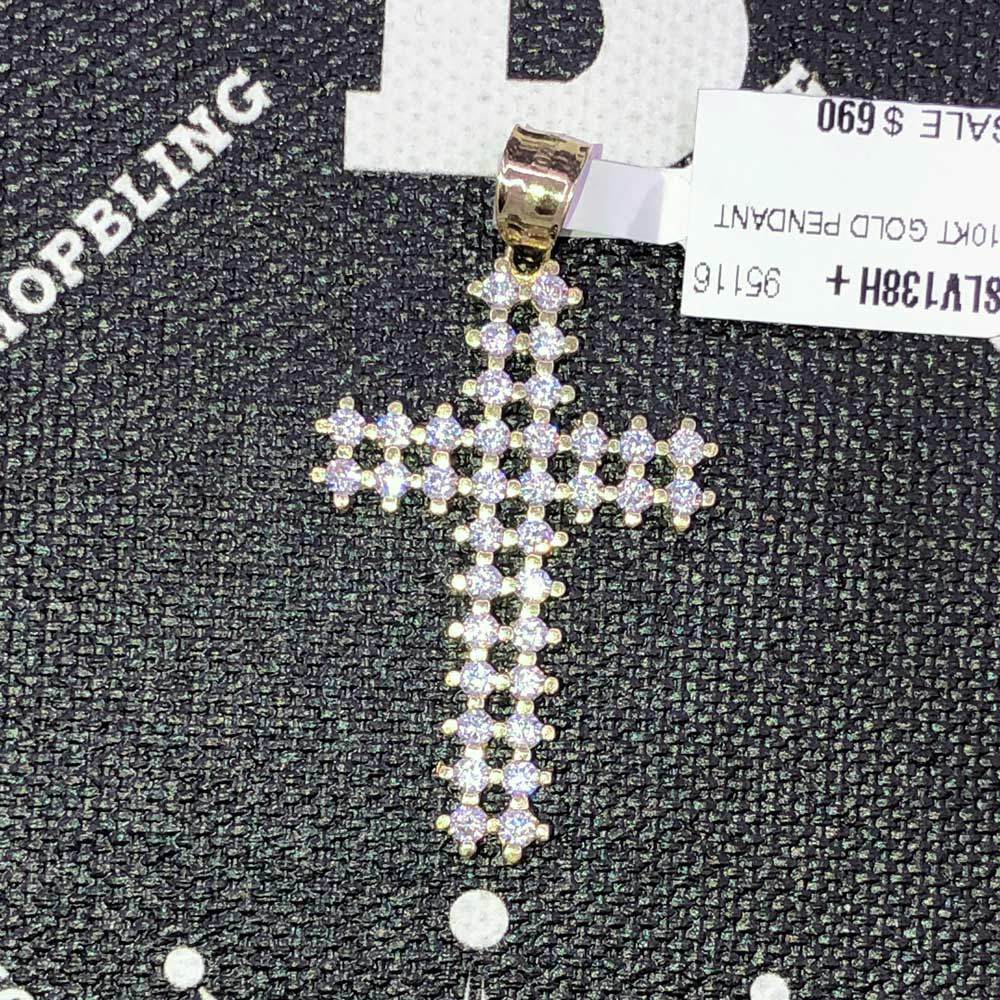 Double Hollow Tennis Cross VVS CZ 10K Yellow Gold Pendant HipHopBling