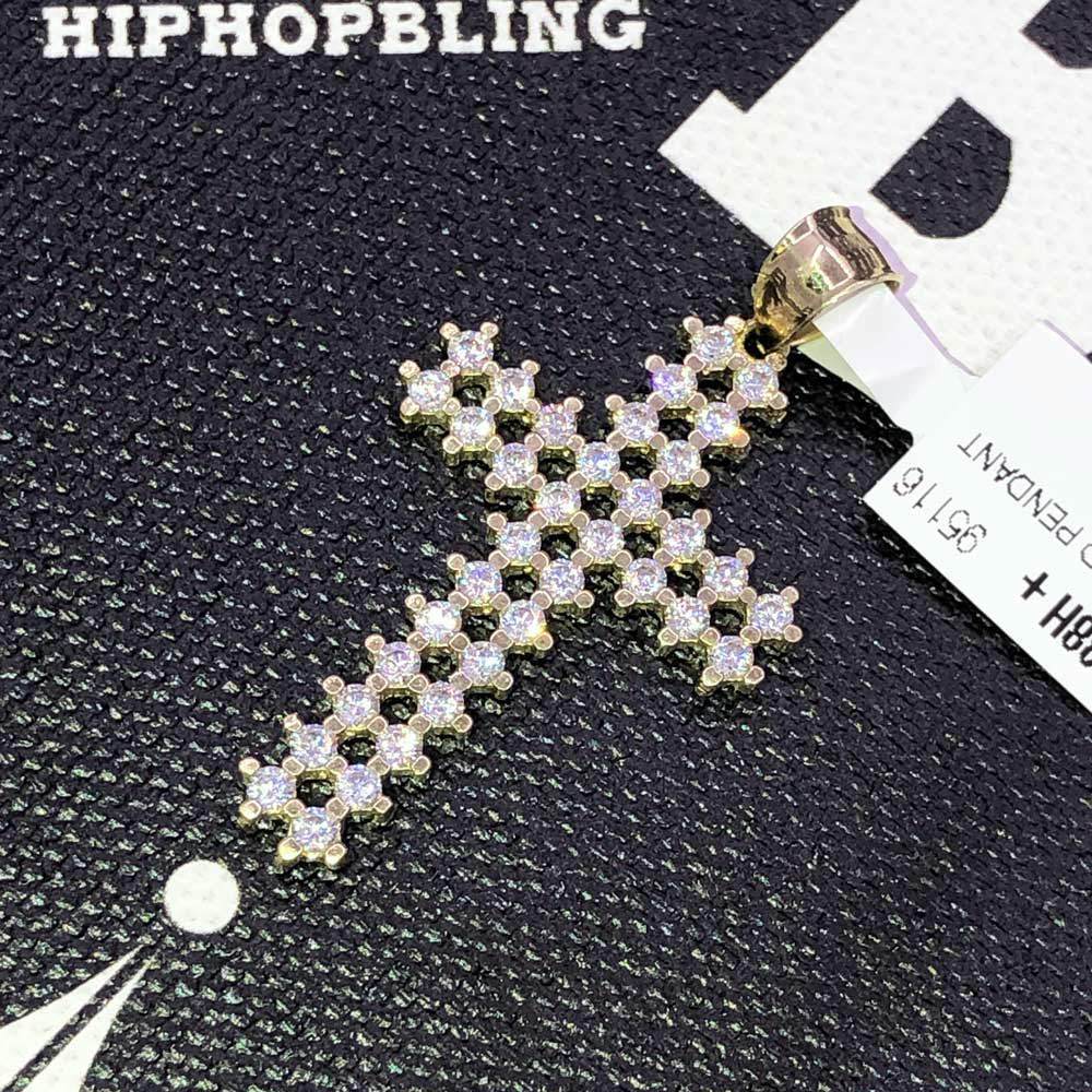 Double Hollow Tennis Cross VVS CZ 10K Yellow Gold Pendant HipHopBling