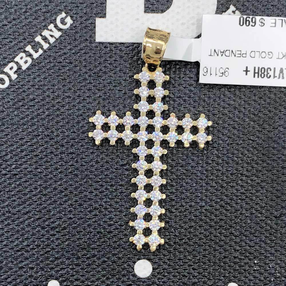 Double Hollow Tennis Cross VVS CZ 10K Yellow Gold Pendant HipHopBling