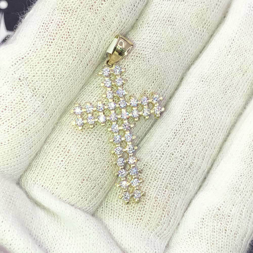 Double Hollow Tennis Cross VVS CZ 10K Yellow Gold Pendant HipHopBling