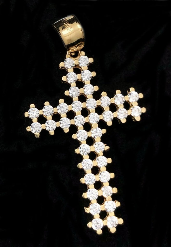 Double Prong Tennis Cross VVS CZ Pendant 10K Yellow Gold HipHopBling