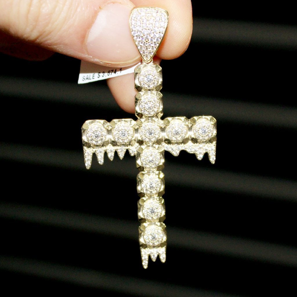 Drip Cluster Tennis Cross VVS CZ 10K Yellow Gold HipHopBling