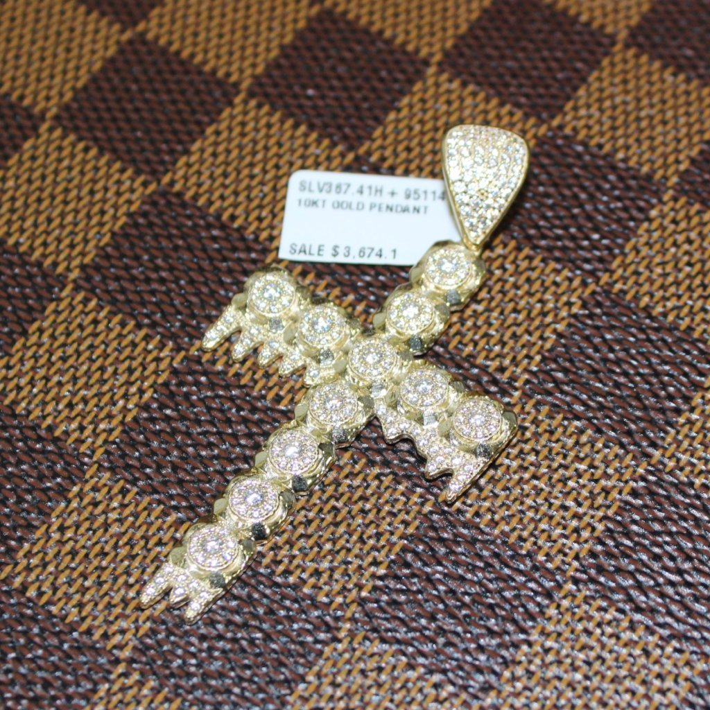 Drip Cluster Tennis Cross VVS CZ 10K Yellow Gold HipHopBling