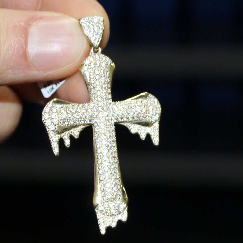 Drip Designer Cross Pendant VVS CZ 10K Yellow Gold HipHopBling