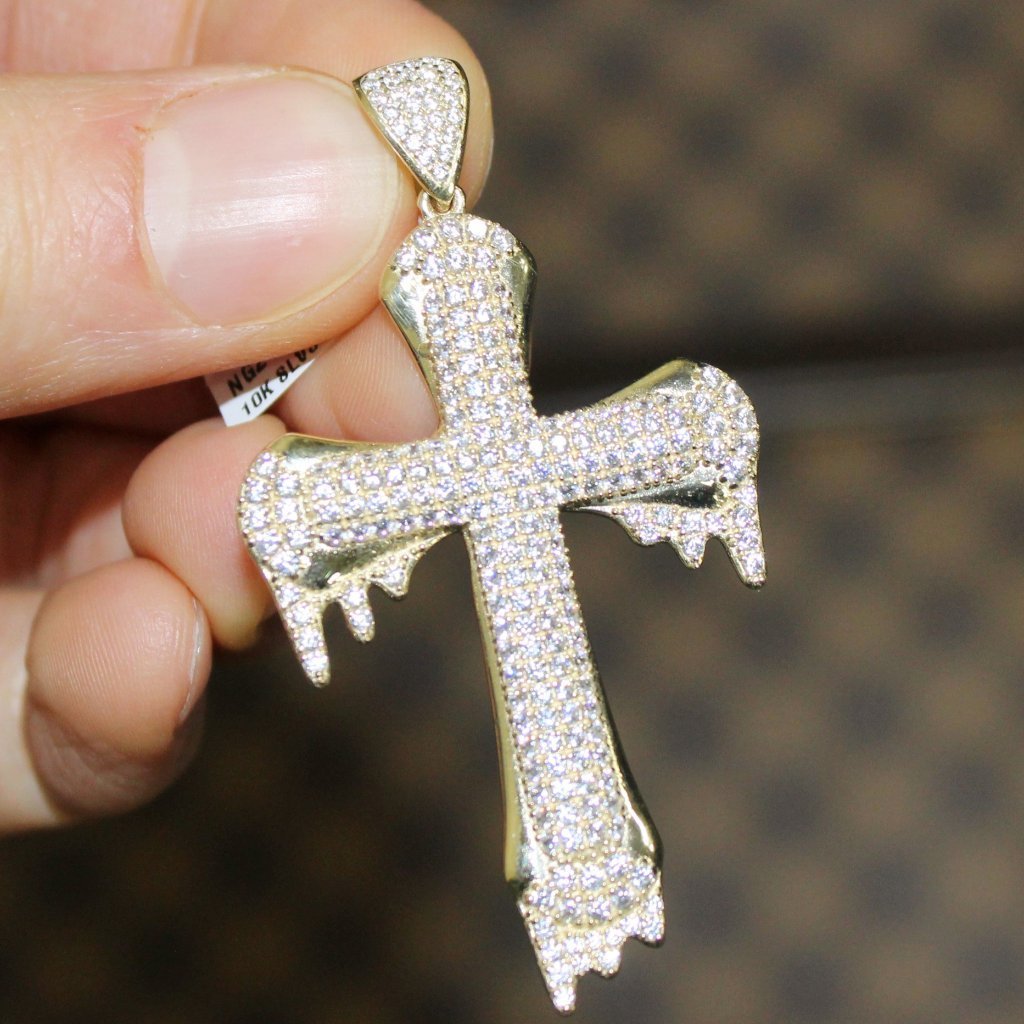 Drip Designer Cross Pendant VVS CZ 10K Yellow Gold HipHopBling