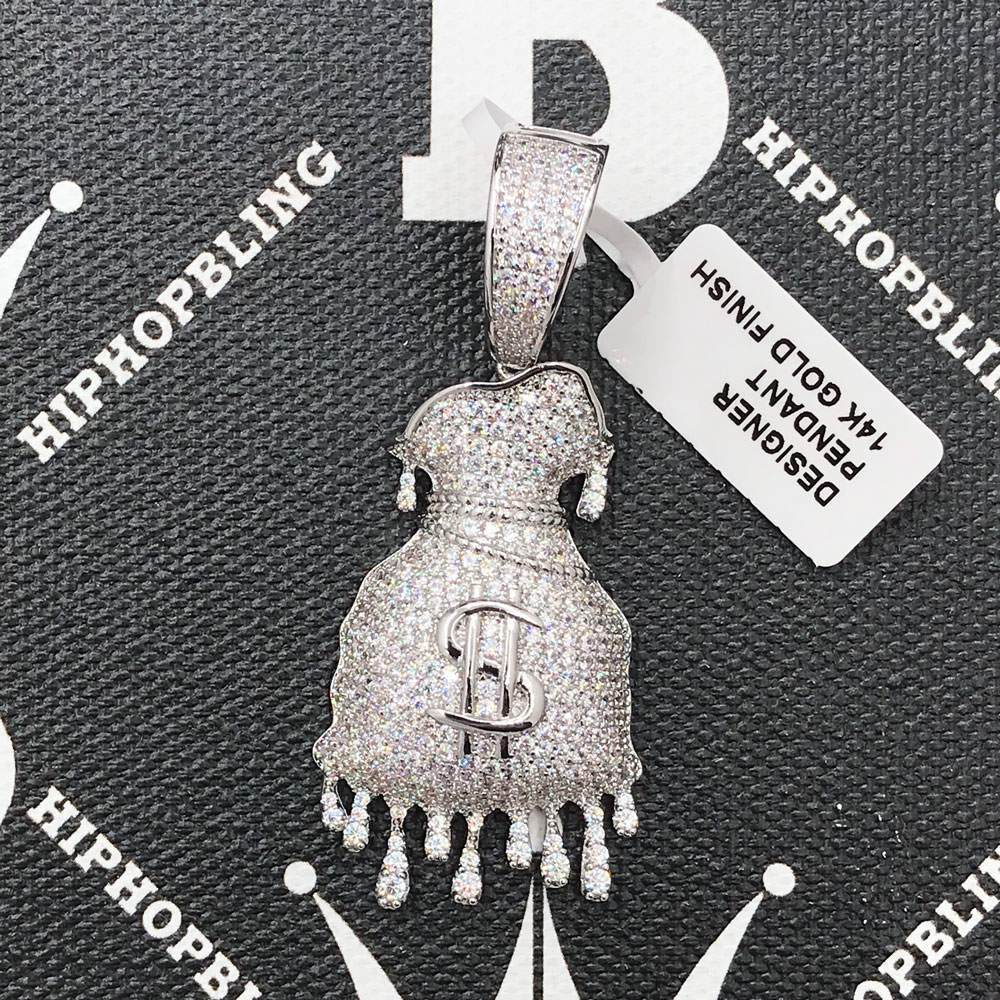 Drip Money Bag CZ Hip Hop Bling Bling Pendant White Gold HipHopBling