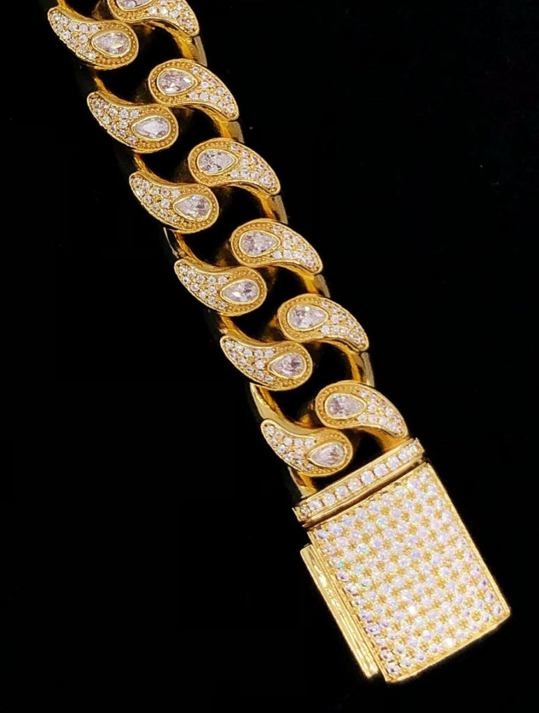 Drip Pear Cut Cuban CZ Iced Out Hip Hop Bracelet Yellow Gold 8" HipHopBling