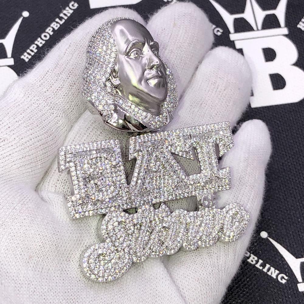 Eat or Starve Ben Franklin CZ Iced Out Pendant White Gold HipHopBling