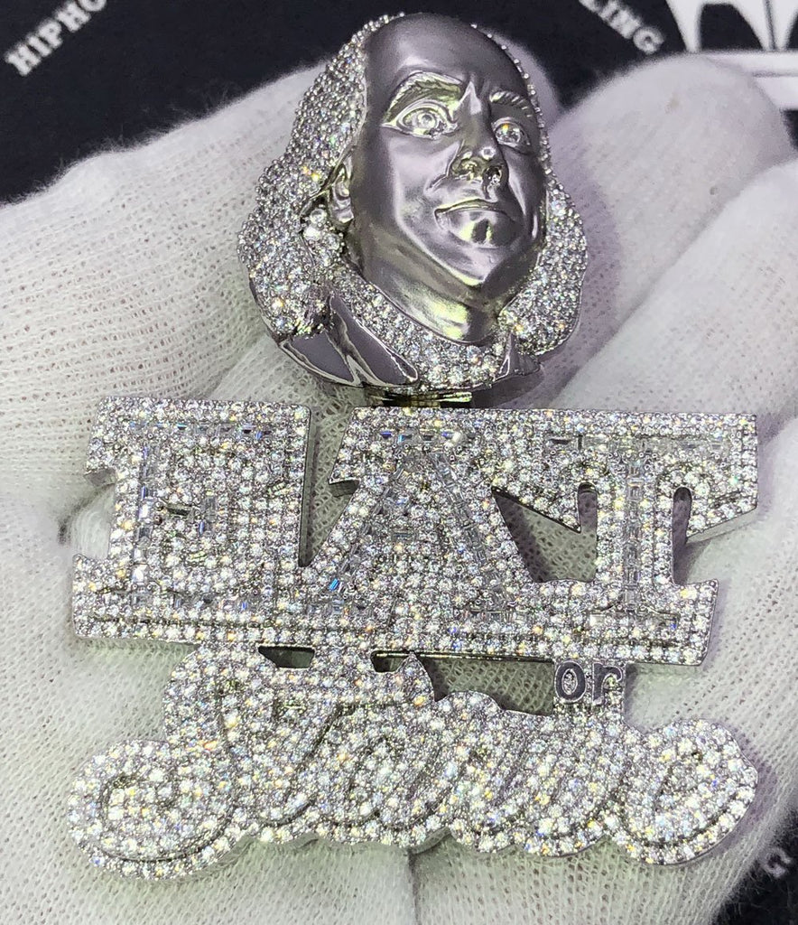 Eat or Starve Ben Franklin CZ Iced Out Pendant White Gold HipHopBling