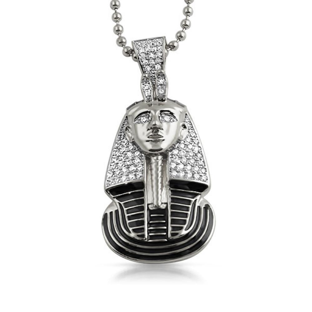 Egyptian Pharaoh Detailed CZ HipHop Pendant Rhodium HipHopBling