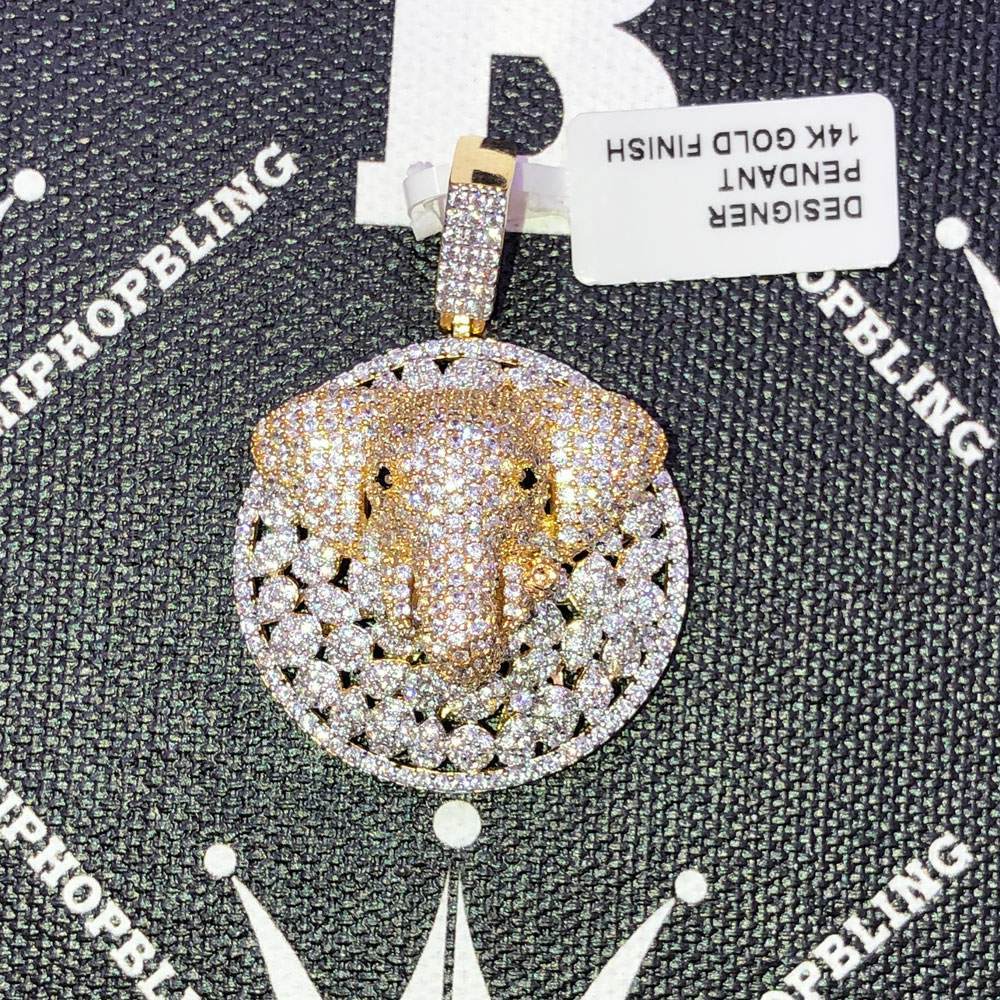 Elephant Medallion CZ Hip Hop Bling Bling Pendant Yellow Gold HipHopBling