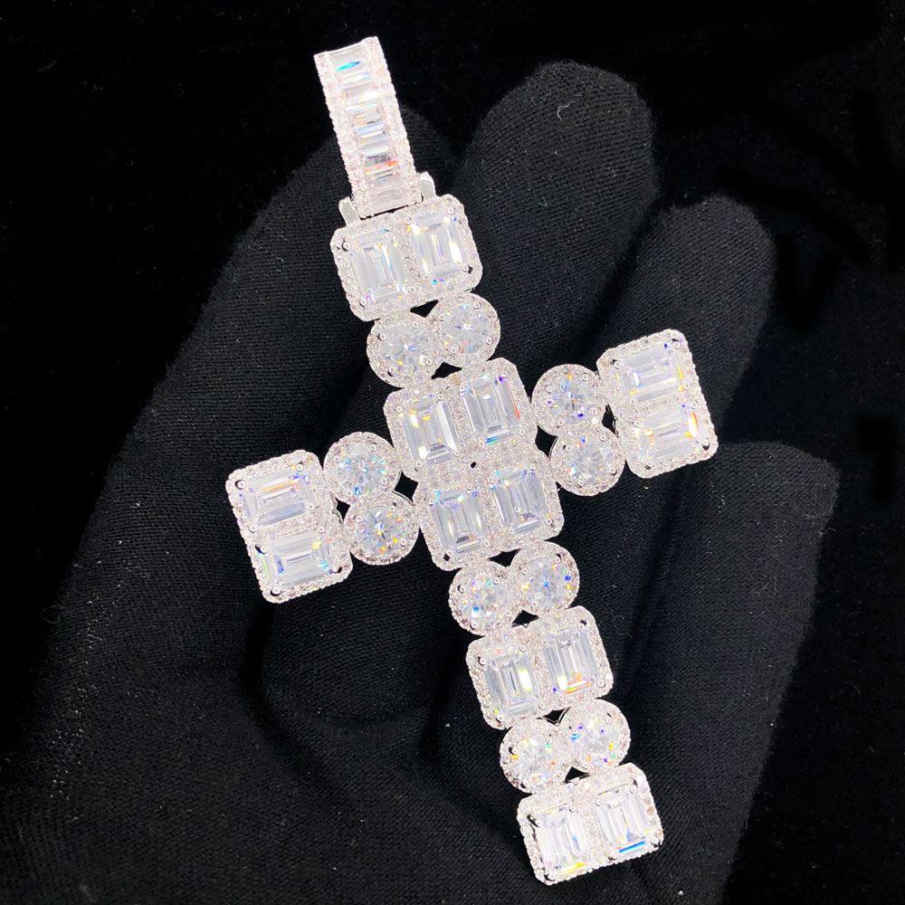 Emerald Cluster Double Cross Iced Out Hip Hop Pendant White Gold HipHopBling